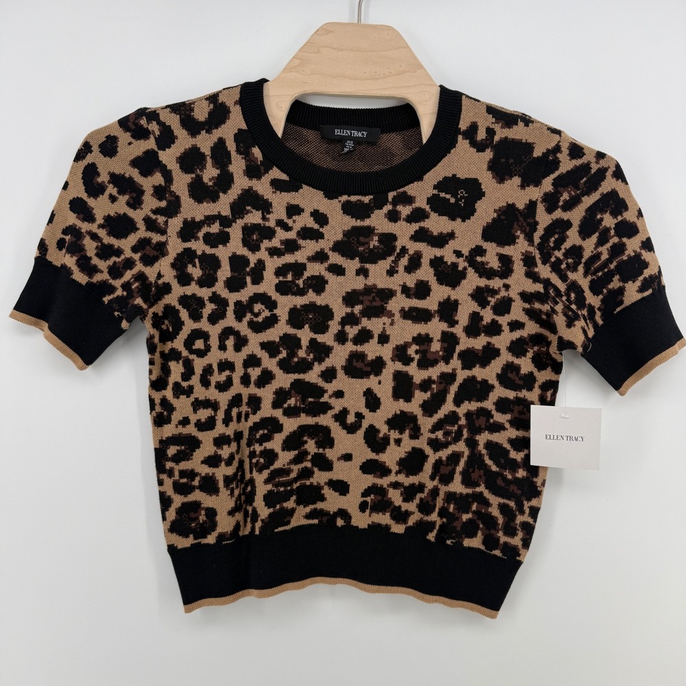 Ellen Tracy Womens Leopard Print Short Sleeve Knit Sweater Top NWT M